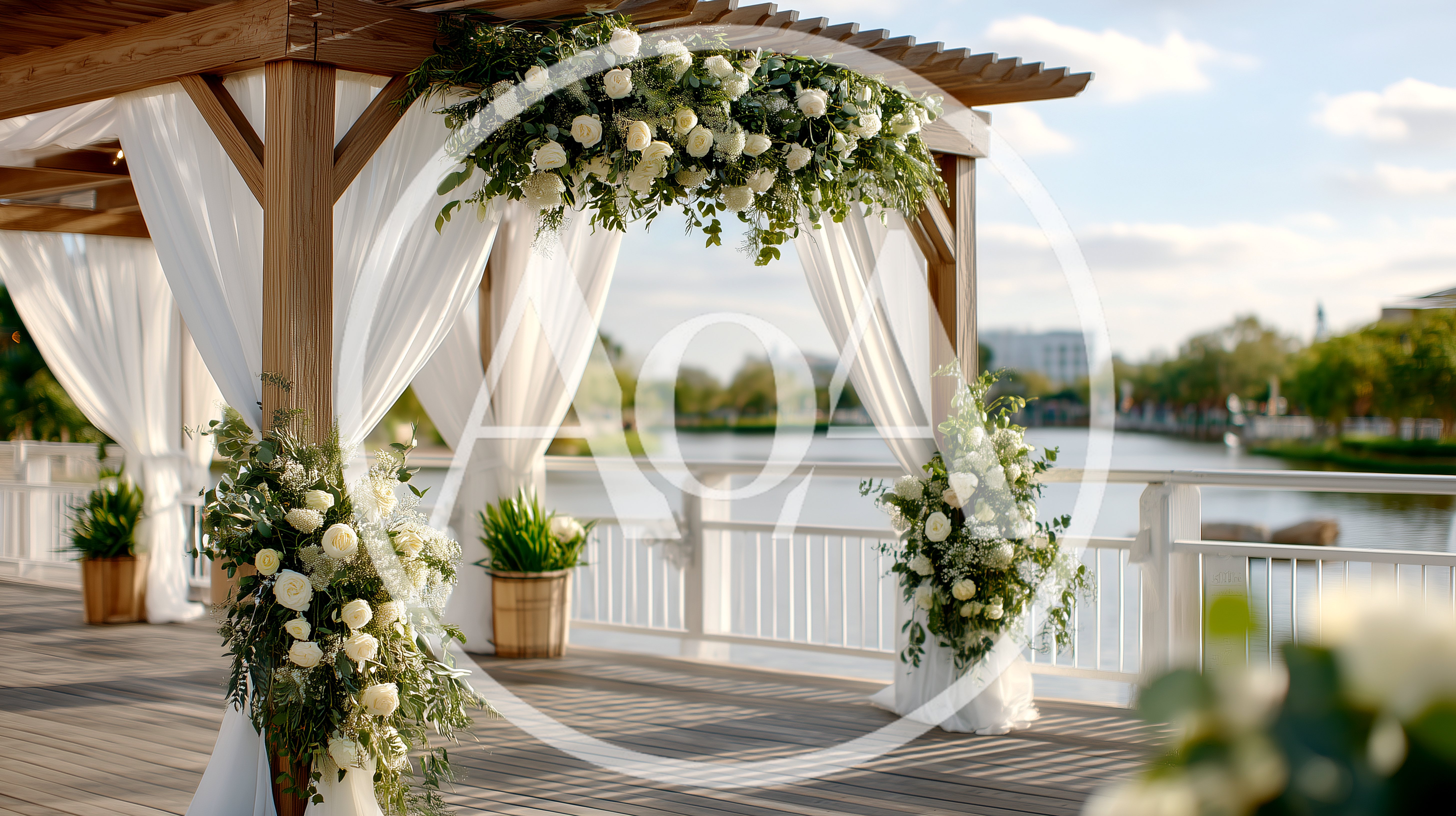 Outdoor Wedding Ceremony Archway On A Wooden Pier