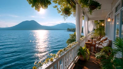 Scenic Lakeside Balcony View At Sunset