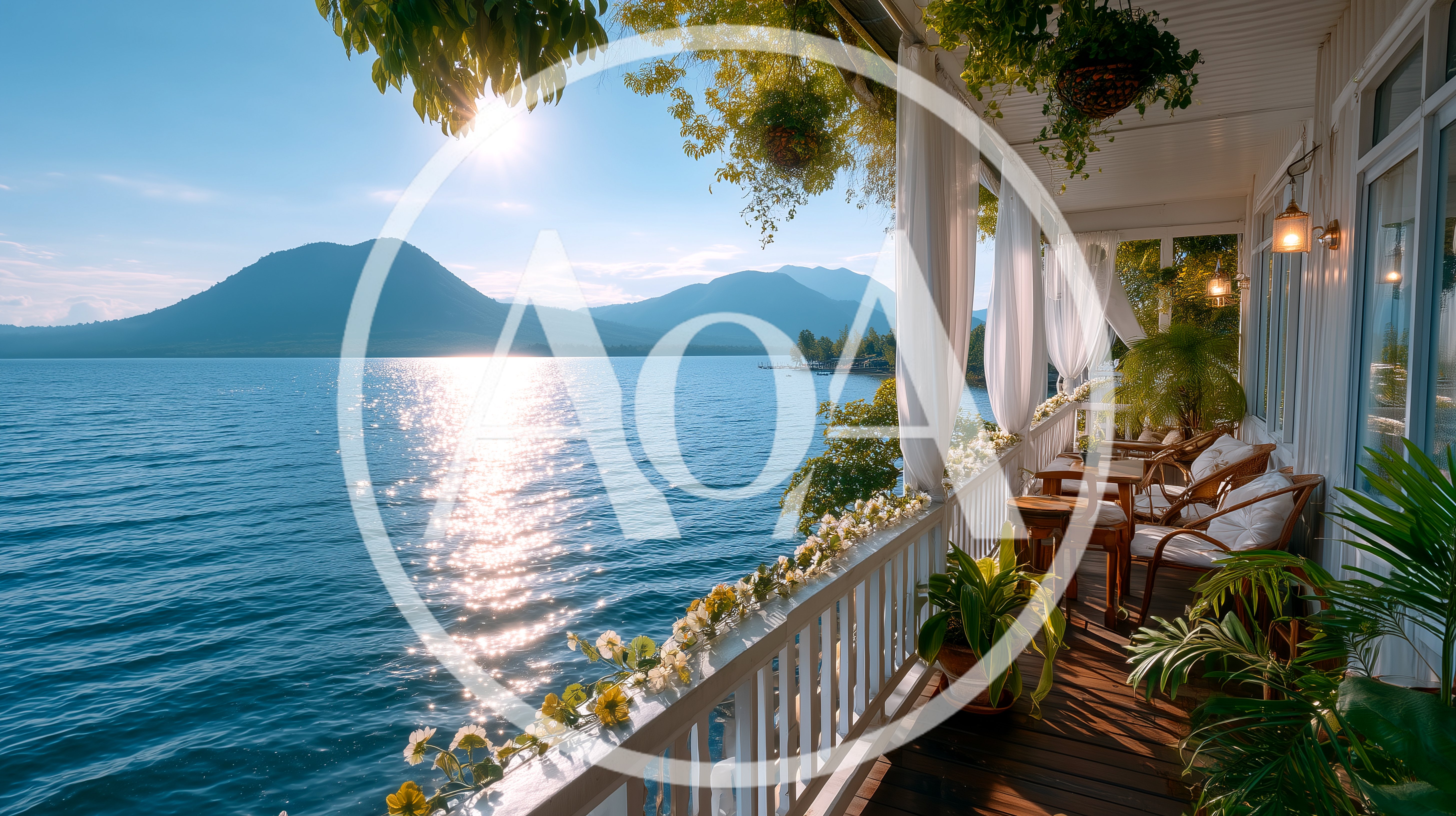 Scenic Lakeside Balcony View At Sunset