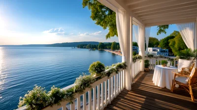Scenic Lakeside Balcony With Dining Table