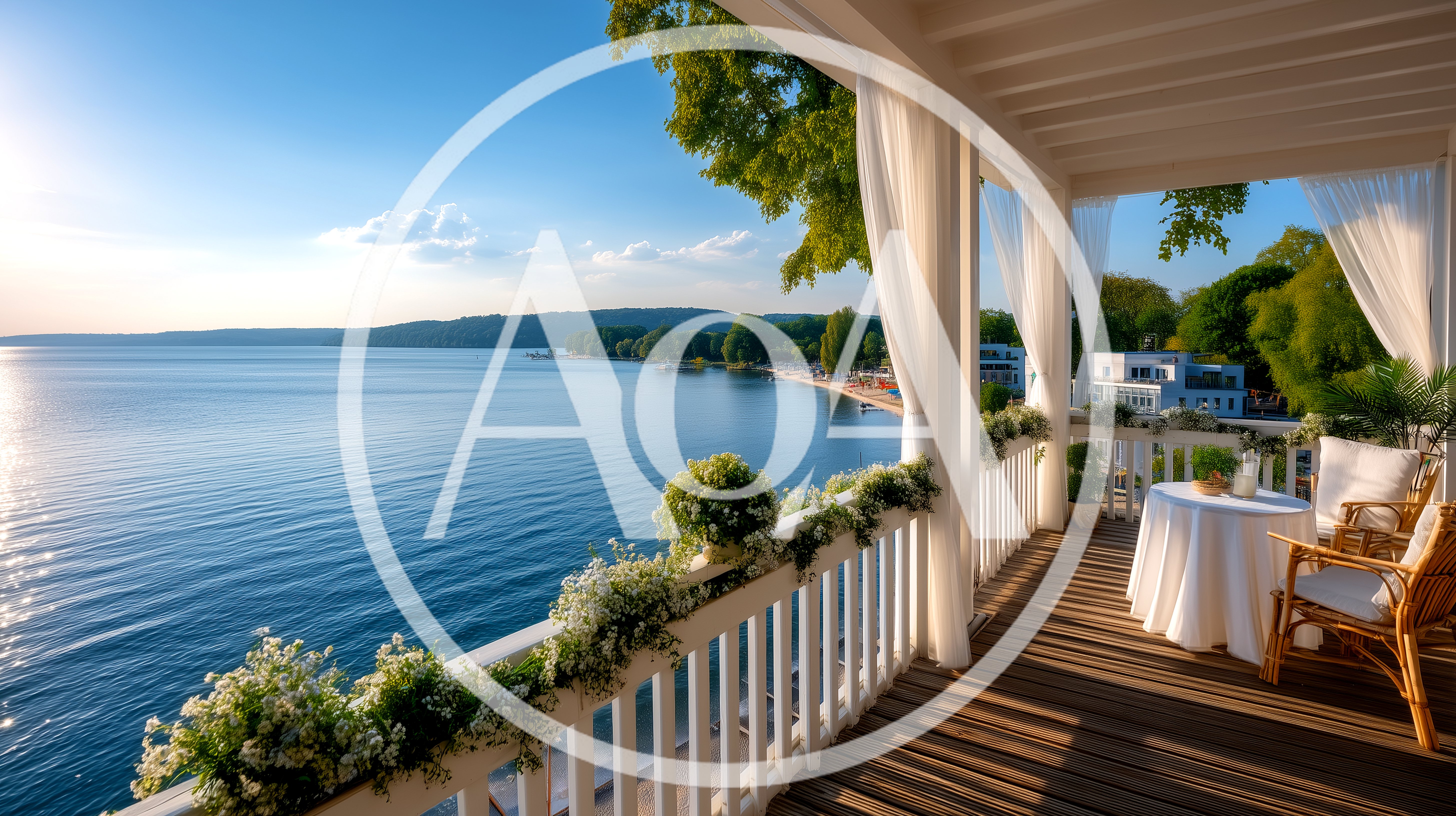 Scenic Lakeside Balcony With Dining Table
