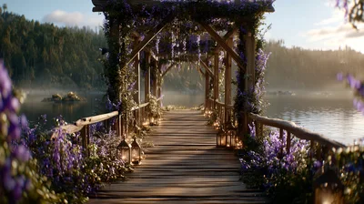 Wooden Pier Decorated With Purple Flowers Over Misty Lake