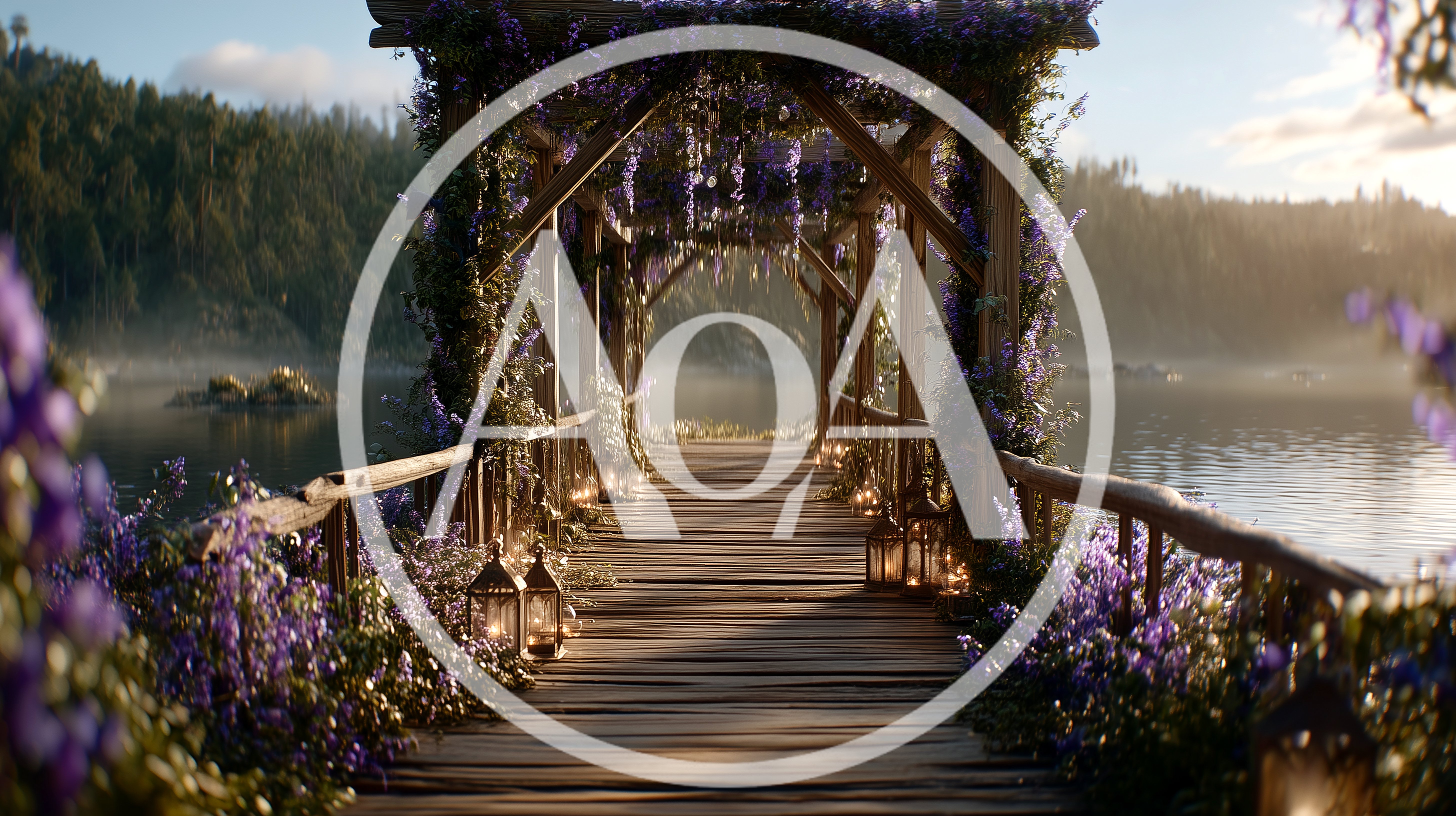 Wooden Pier Decorated With Purple Flowers Over Misty Lake