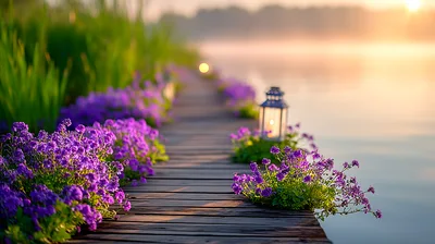 Wooden Pier With Purple Flowers And Lantern At Sunset