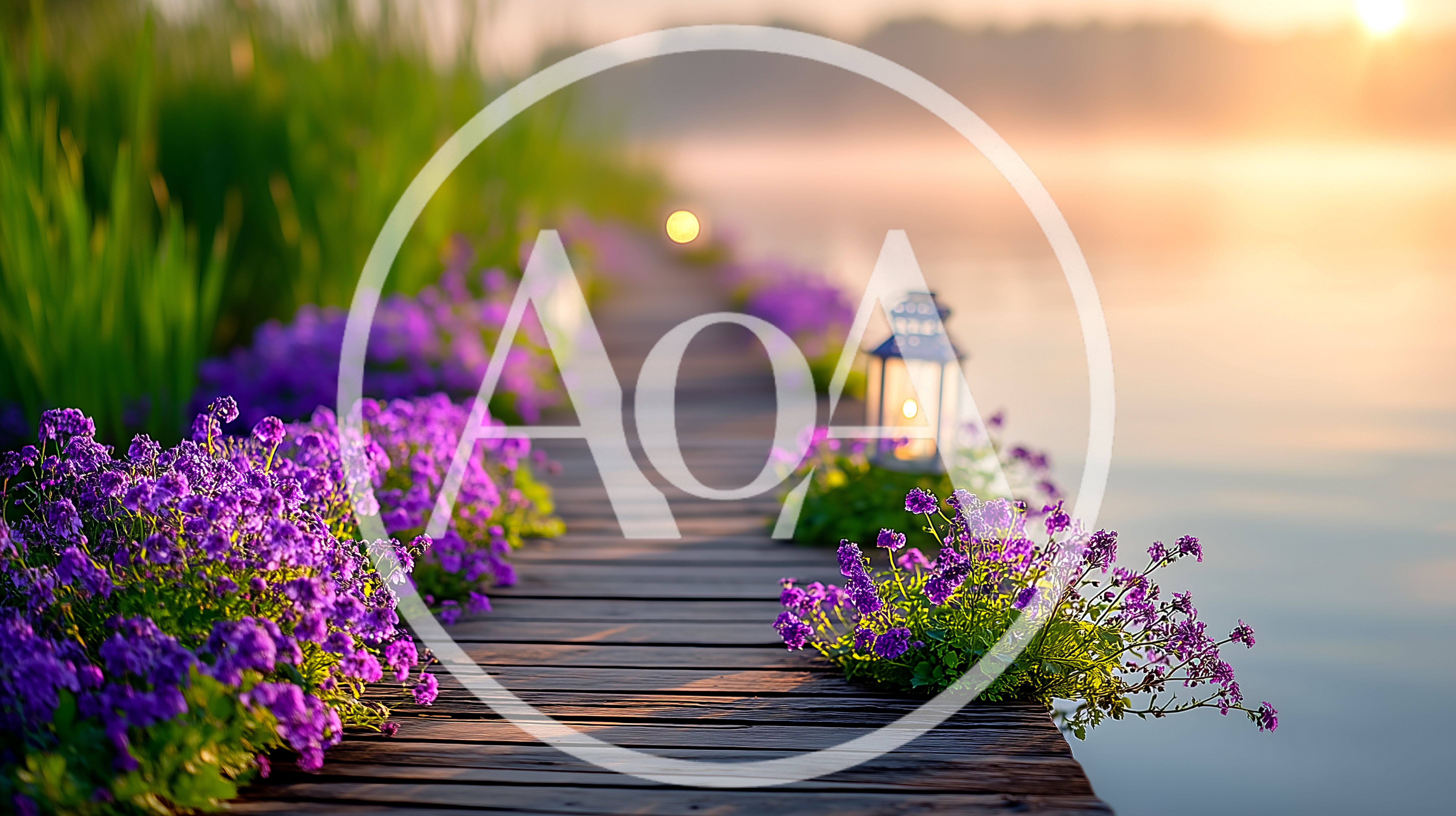 Wooden Pier With Purple Flowers And Lantern At Sunset