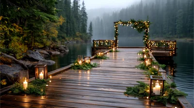 Wooden Dock Decorated With Candles And Fairy Lights