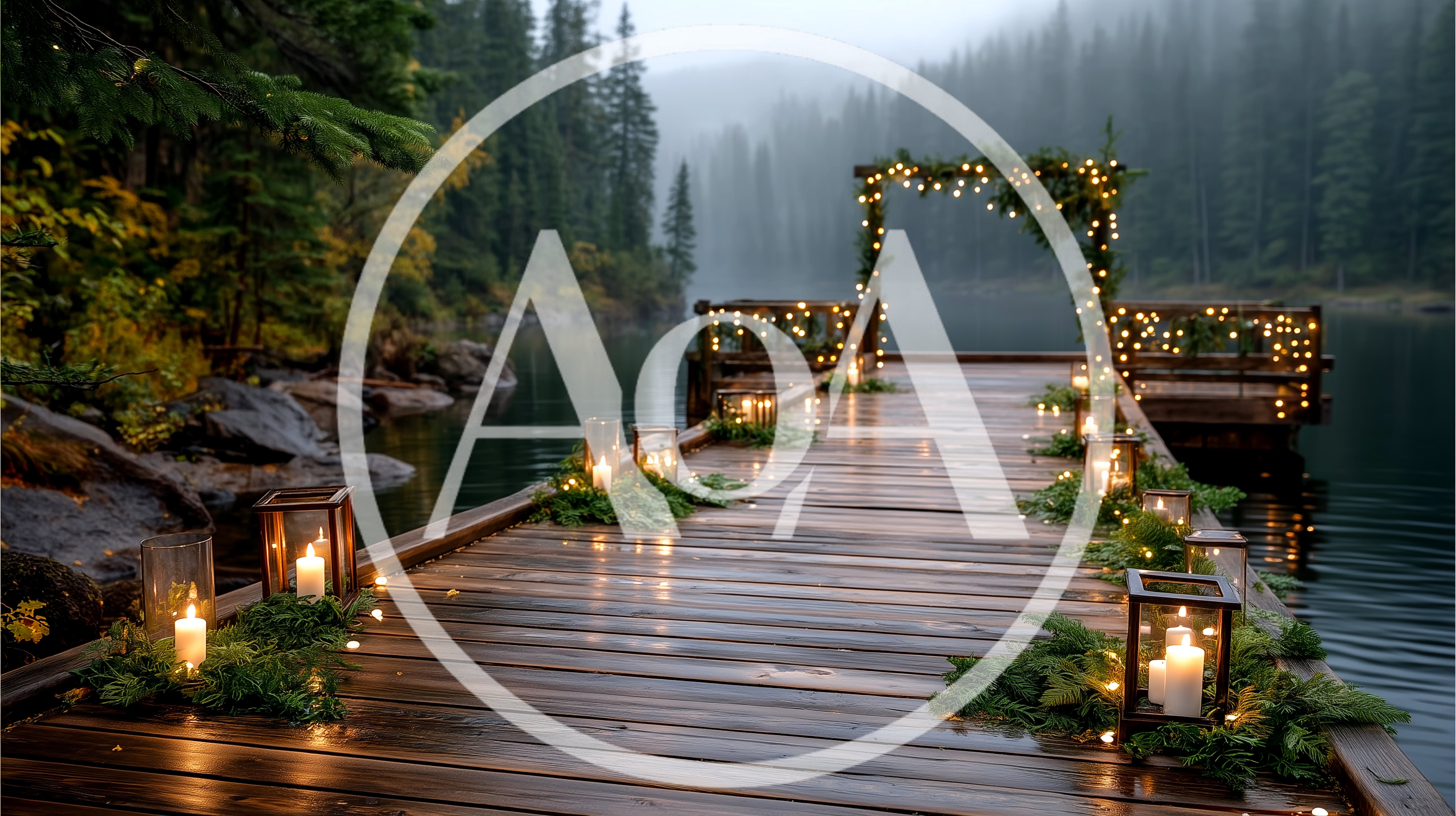 Wooden Dock Decorated With Candles And Fairy Lights