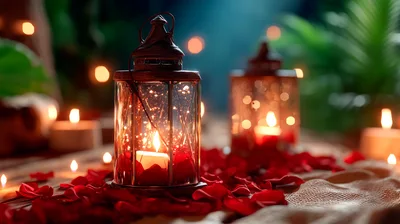 Romantic Lanterns With Red Rose Petals And Candles