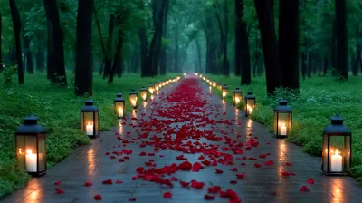 Romantic Pathway Lined With Lanterns And Rose Petals