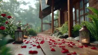 Romantic Wooden Pathway Decorated With Rose Petals And Lanterns