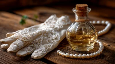 Vintage Lace Gloves And Perfume Bottle On Wooden Table