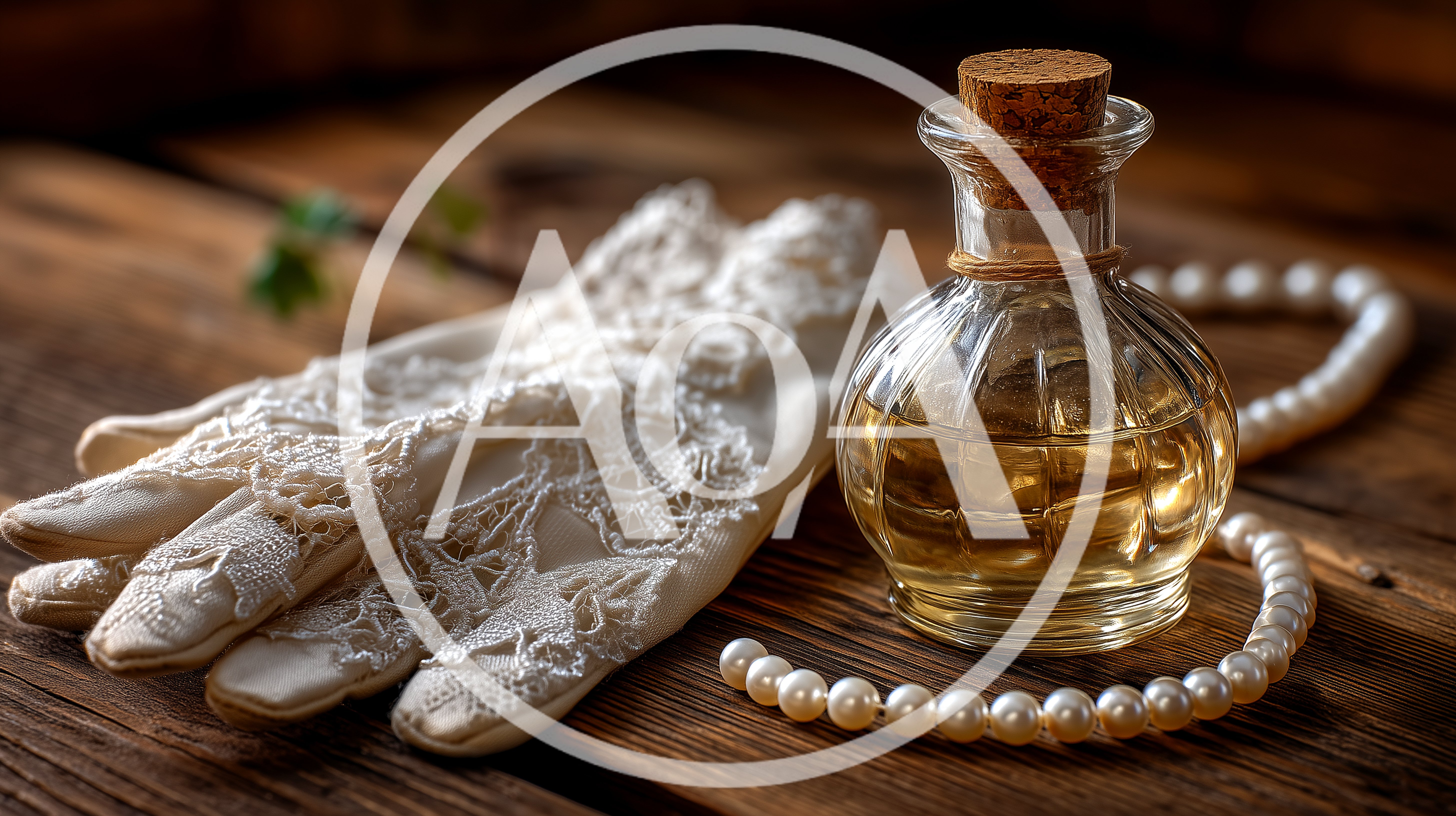Vintage Lace Gloves And Perfume Bottle On Wooden Table