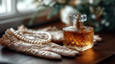 Vintage Perfume Bottle With Lace Gloves And Pearls