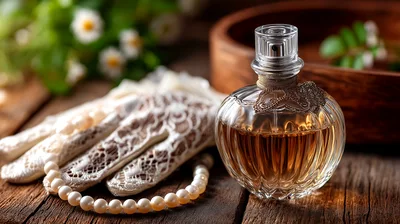 Vintage Perfume Bottle With Lace Gloves And Pearls