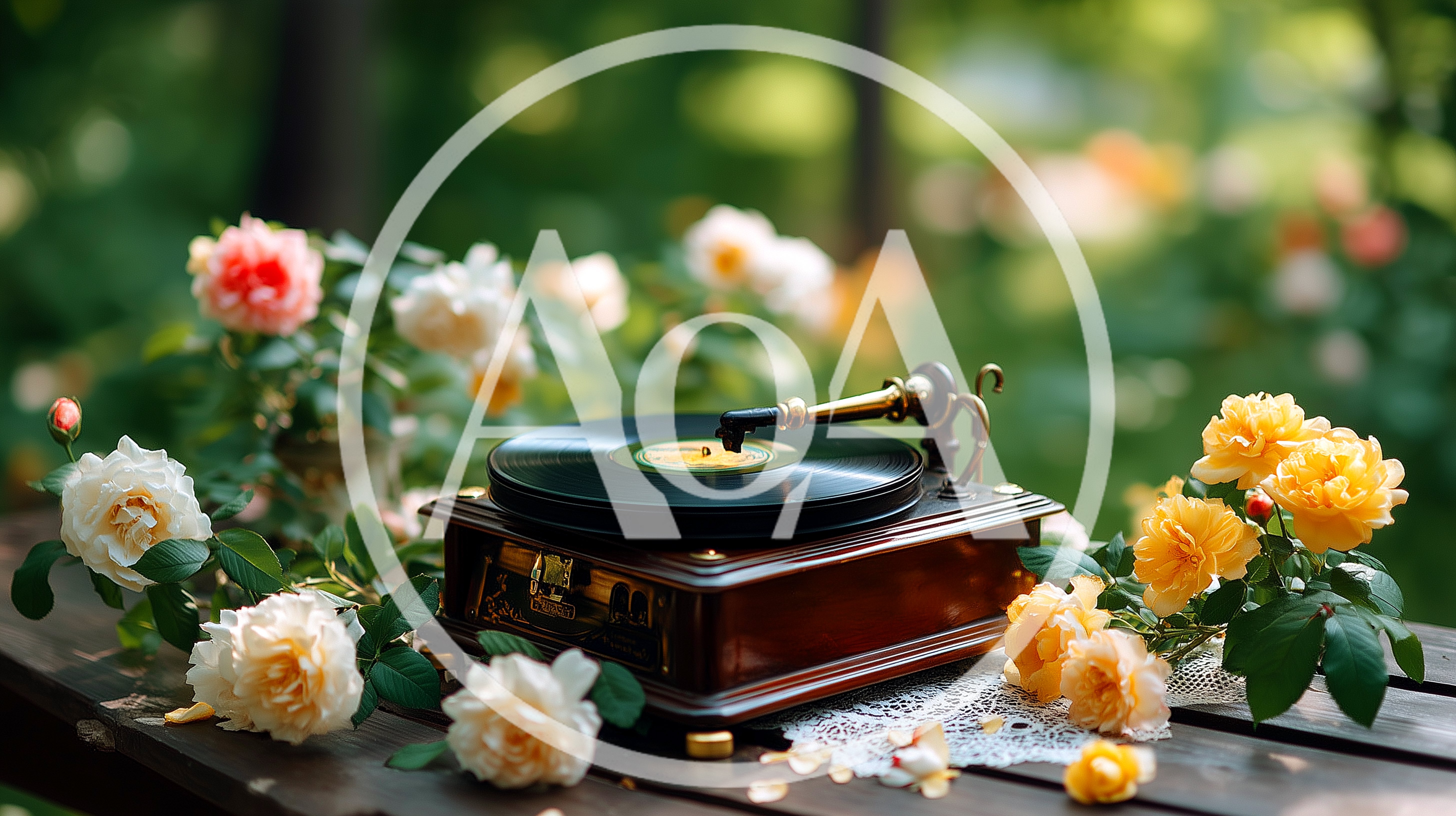 Vintage Record Player Surrounded By Blooming Roses
