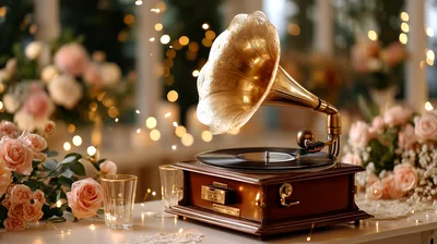 Vintage Gramophone With Pink Roses And Fairy Lights