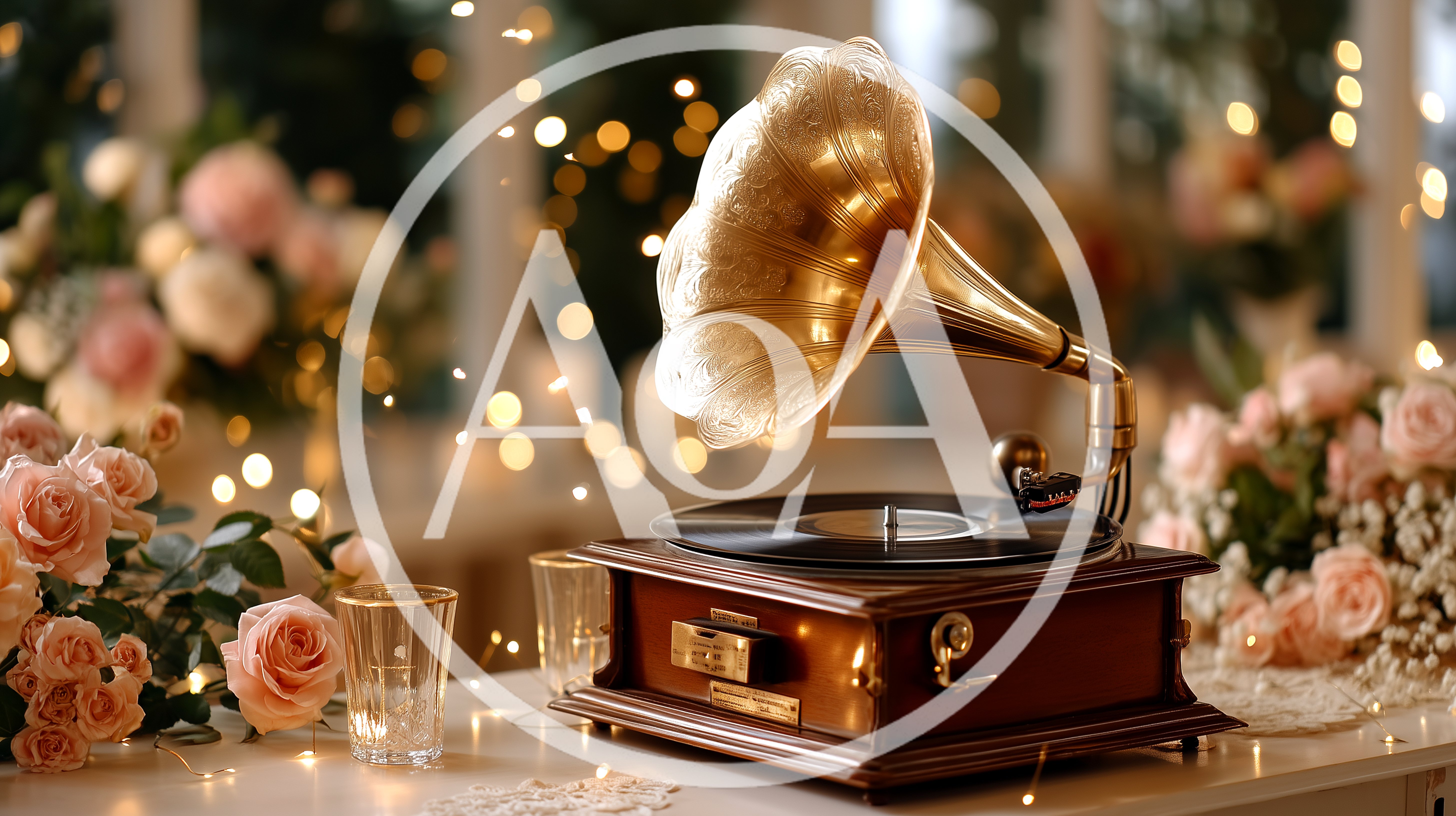 Vintage Gramophone With Pink Roses And Fairy Lights