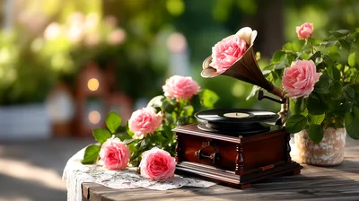 Vintage Gramophone With Pink Roses On A Garden Table