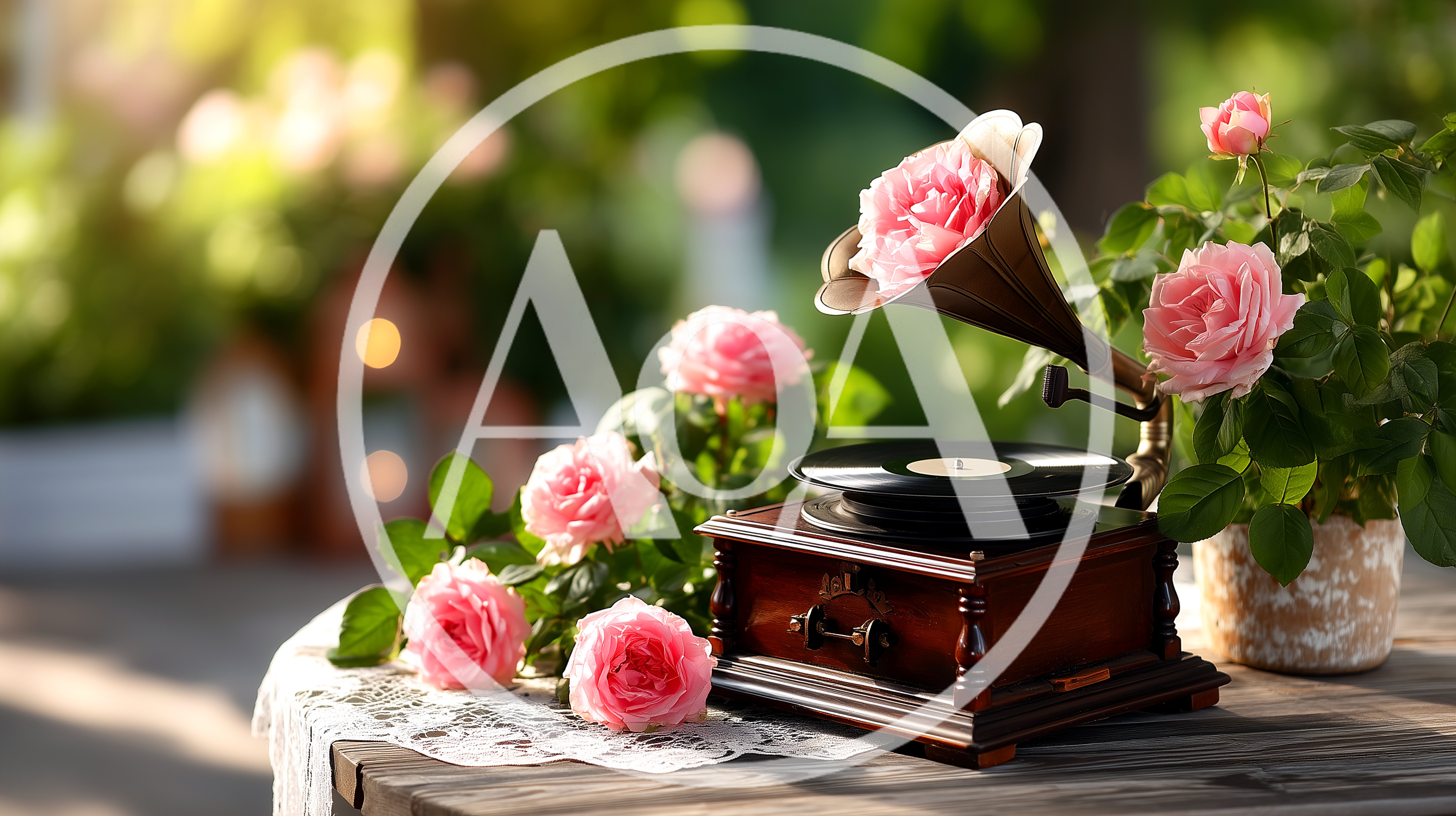 Vintage Gramophone With Pink Roses On A Garden Table