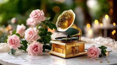 Vintage Gold Gramophone With Pink Roses On Marble Table