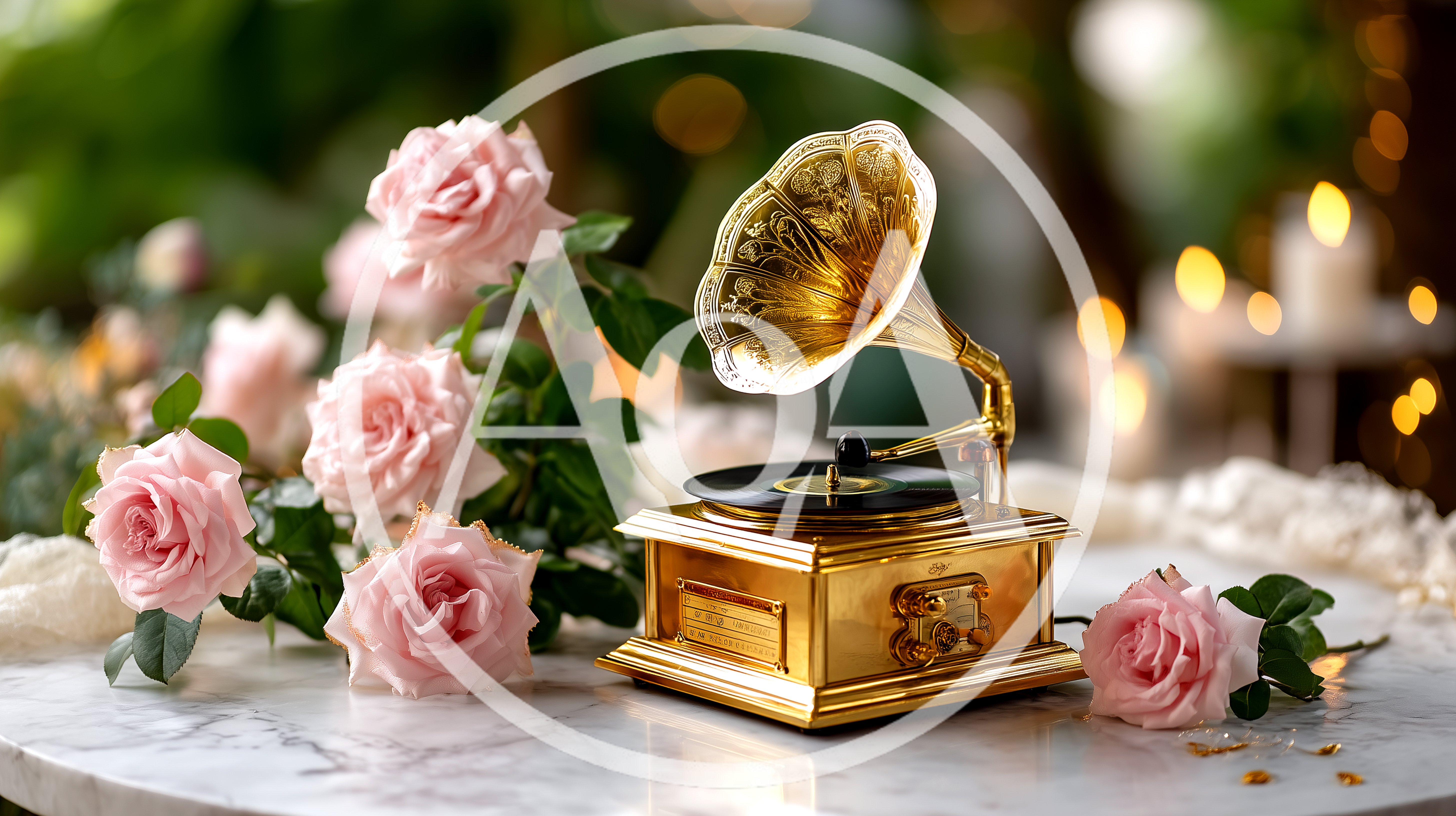 Vintage Gold Gramophone With Pink Roses On Marble Table