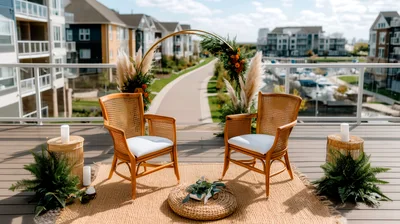 Boho Wedding Ceremony Setup On A Rooftop Terrace