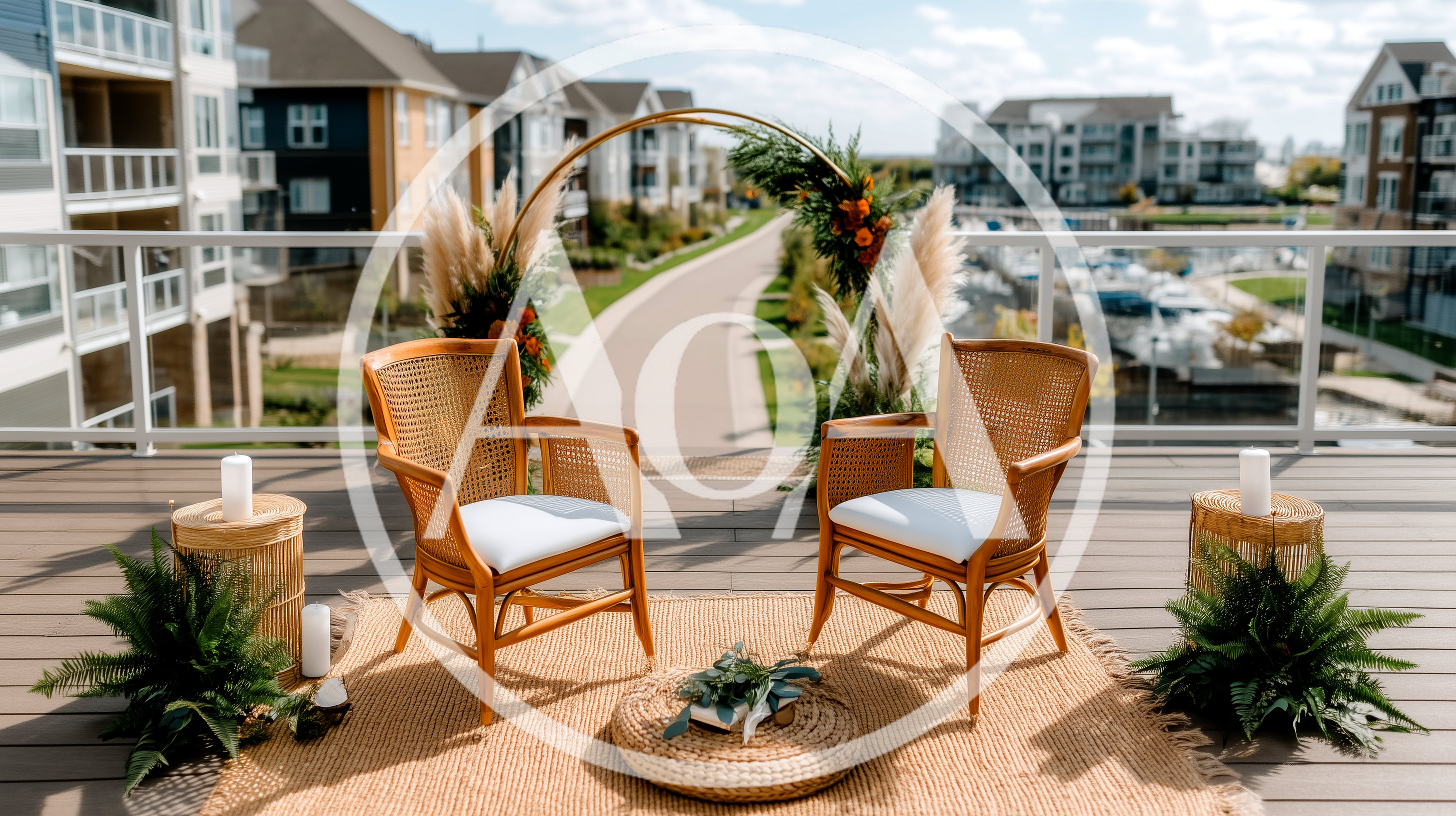 Boho Wedding Ceremony Setup On A Rooftop Terrace