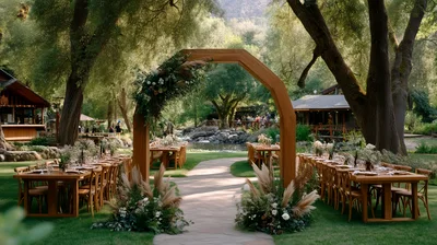 Outdoor Wedding Reception Setup In A Lush Forest