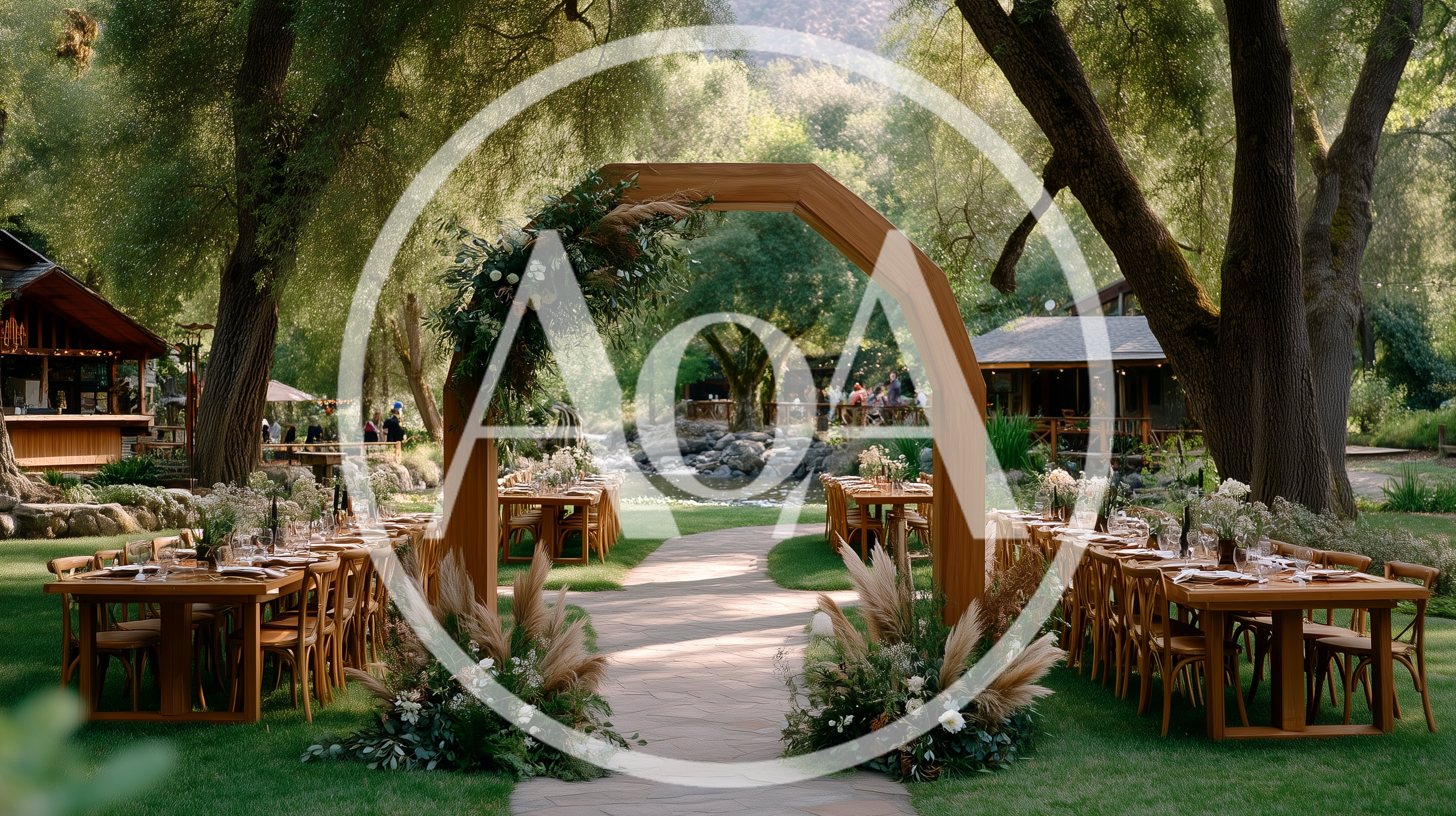 Outdoor Wedding Reception Setup In A Lush Forest