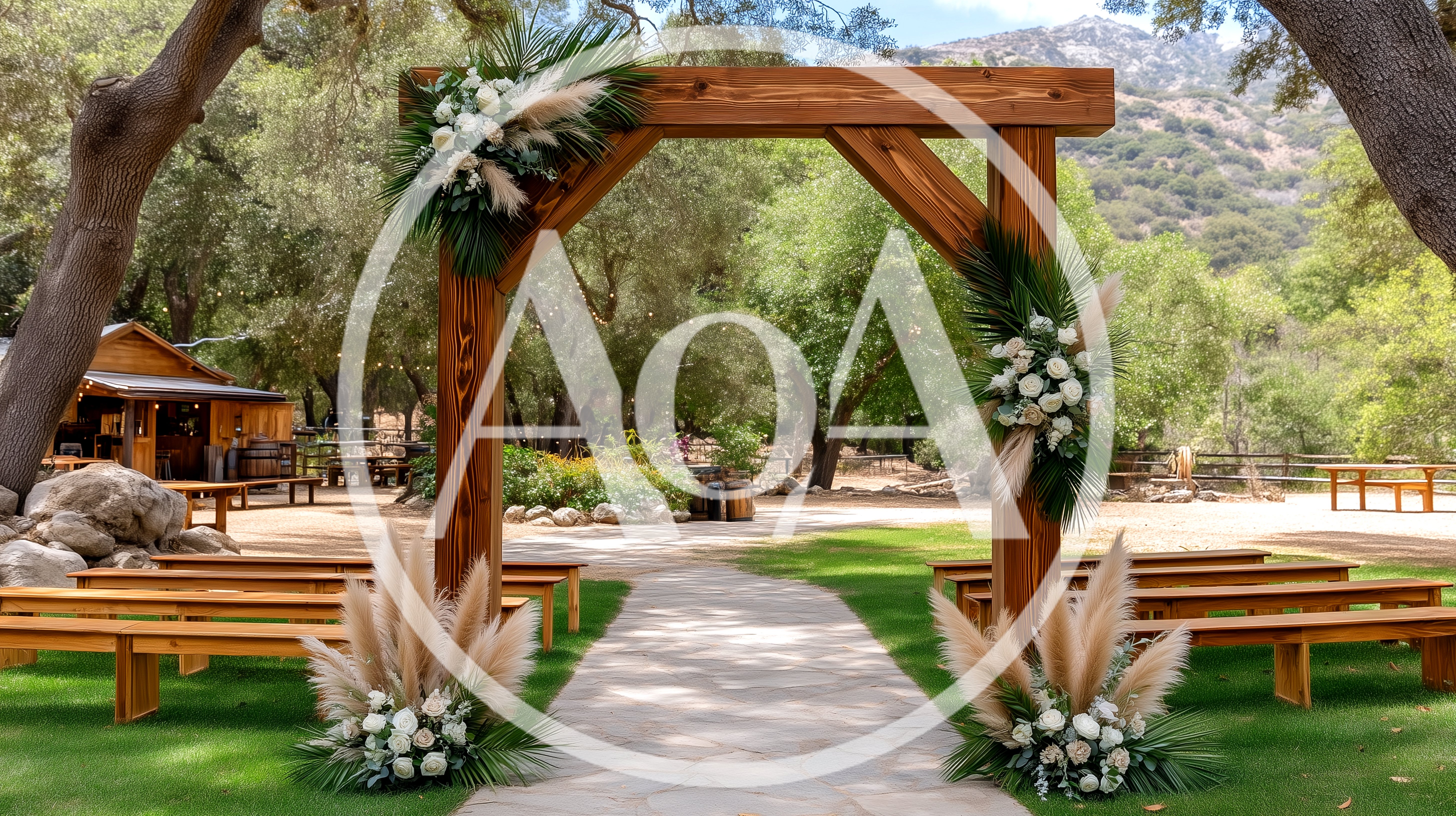 Wooden Wedding Arch With Floral Decorations In Outdoor Venue