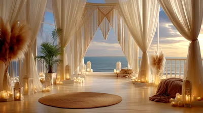 Bohemian Beachfront Wedding Ceremony Setup At Sunset