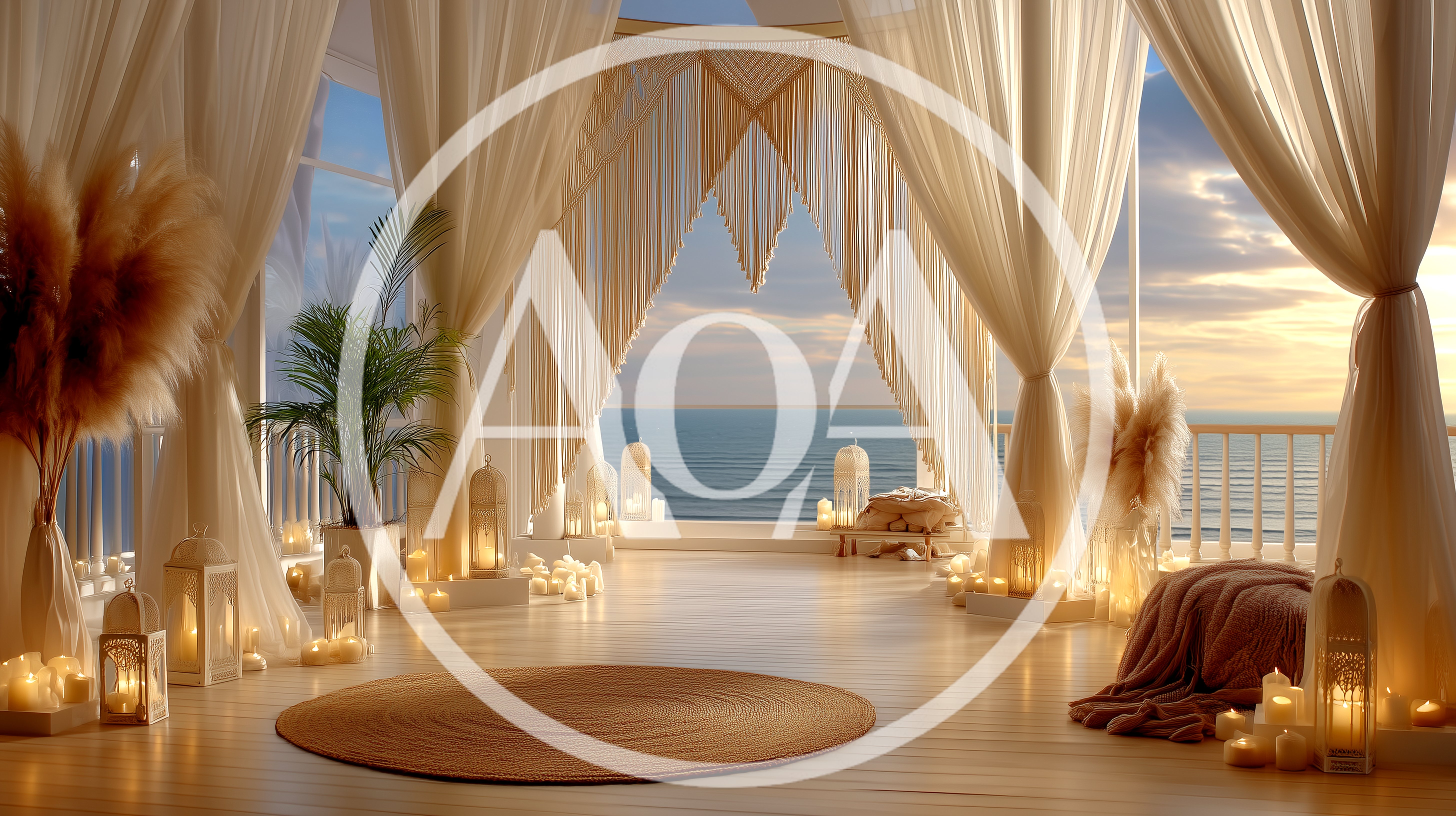 Bohemian Beachfront Wedding Ceremony Setup At Sunset