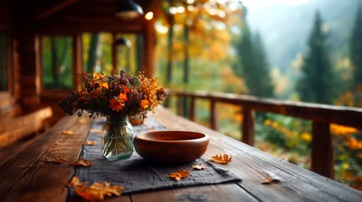Autumnal Table Setting On A Rustic Wooden Porch