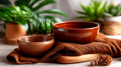Two Brown Ceramic Bowls On A Wooden Surface