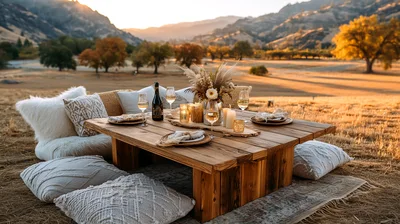 Outdoor Picnic Setup With Low Wooden Table