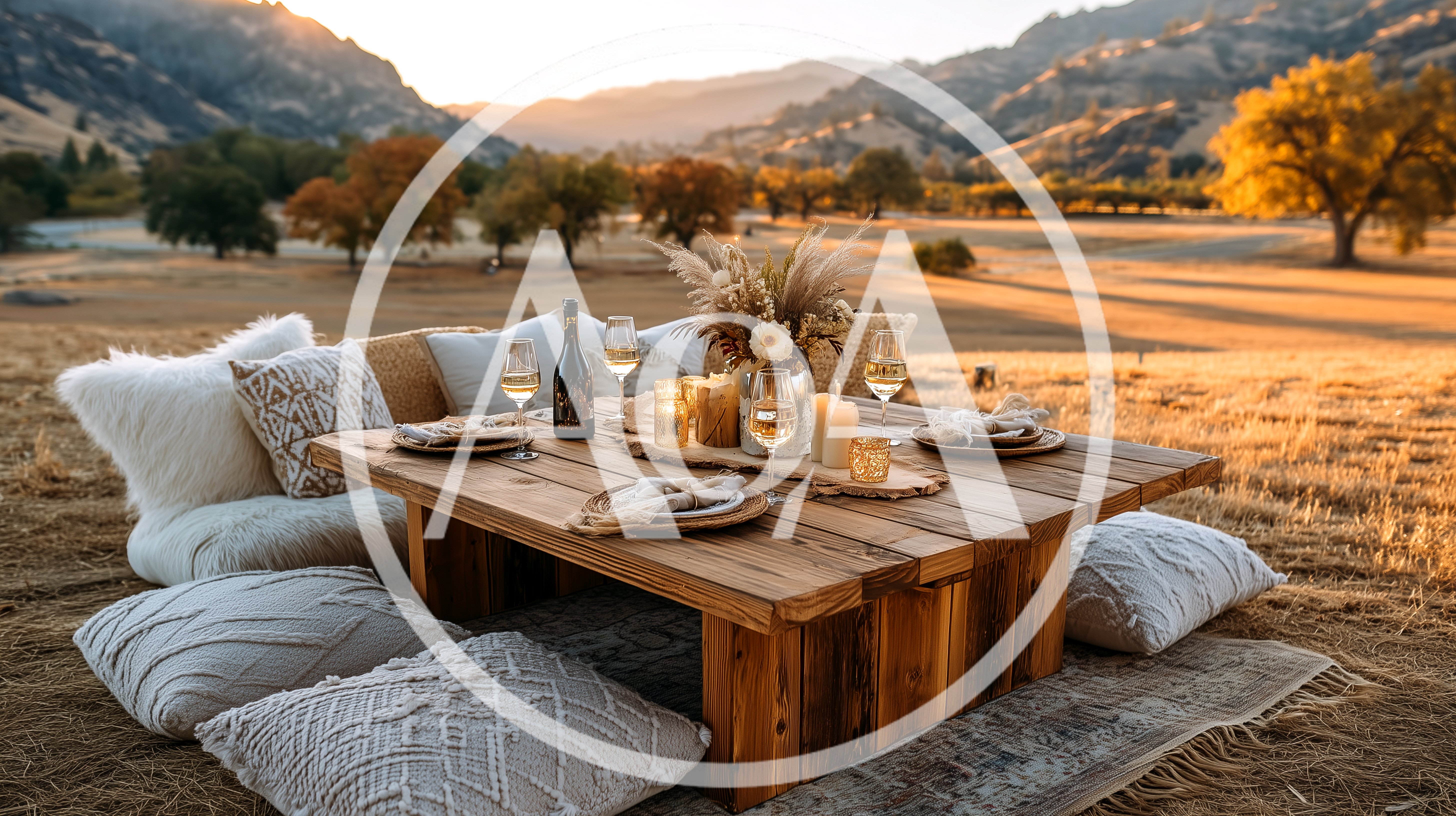 Outdoor Picnic Setup With Low Wooden Table
