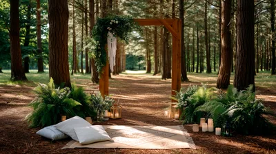 Bohemian Wedding Arch Setup In A Pine Forest