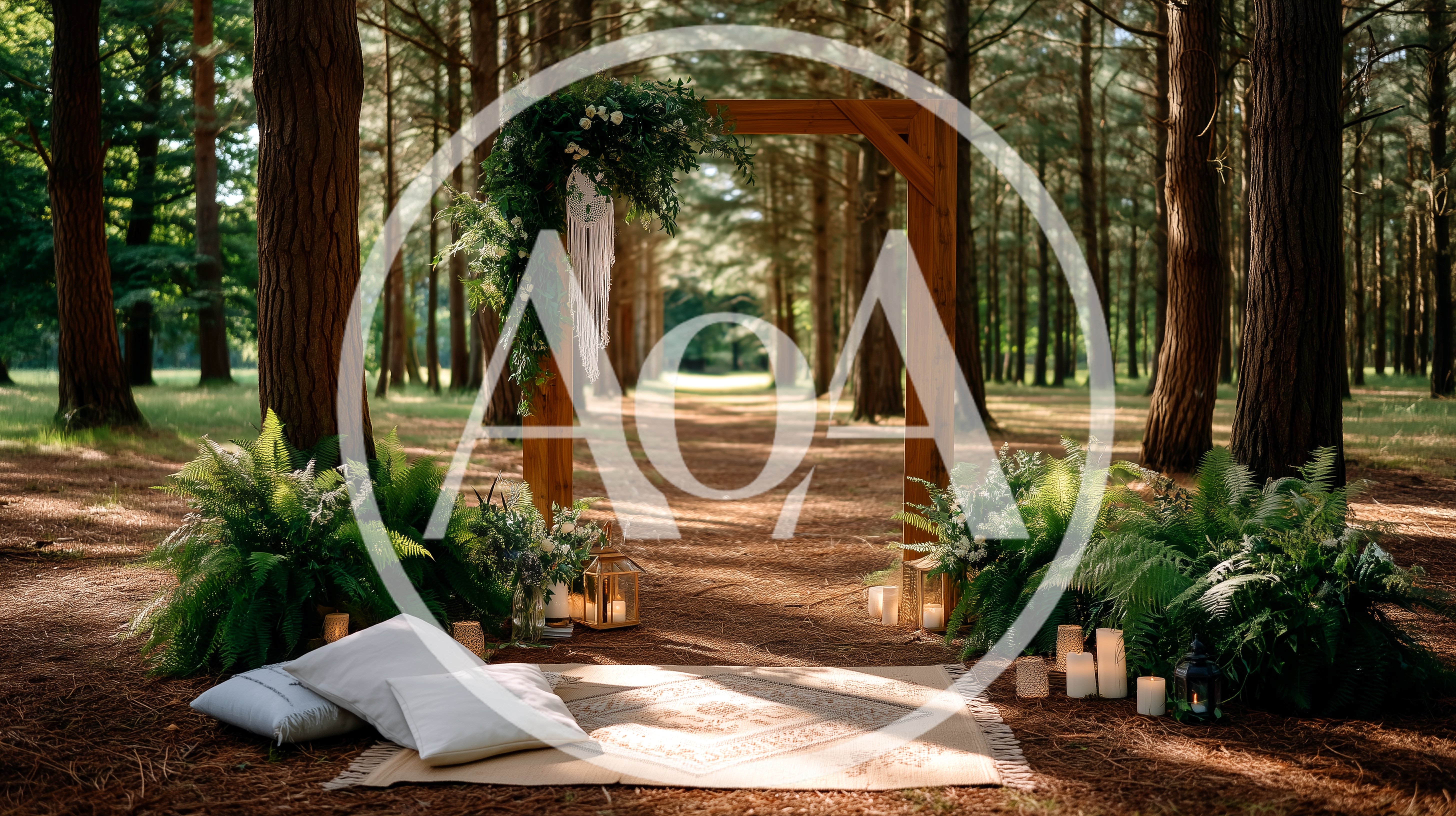 Bohemian Wedding Arch Setup In A Pine Forest
