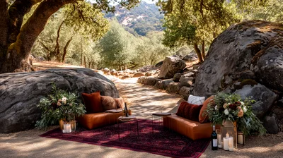 Bohemian Outdoor Lounge Setup With Leather Couches