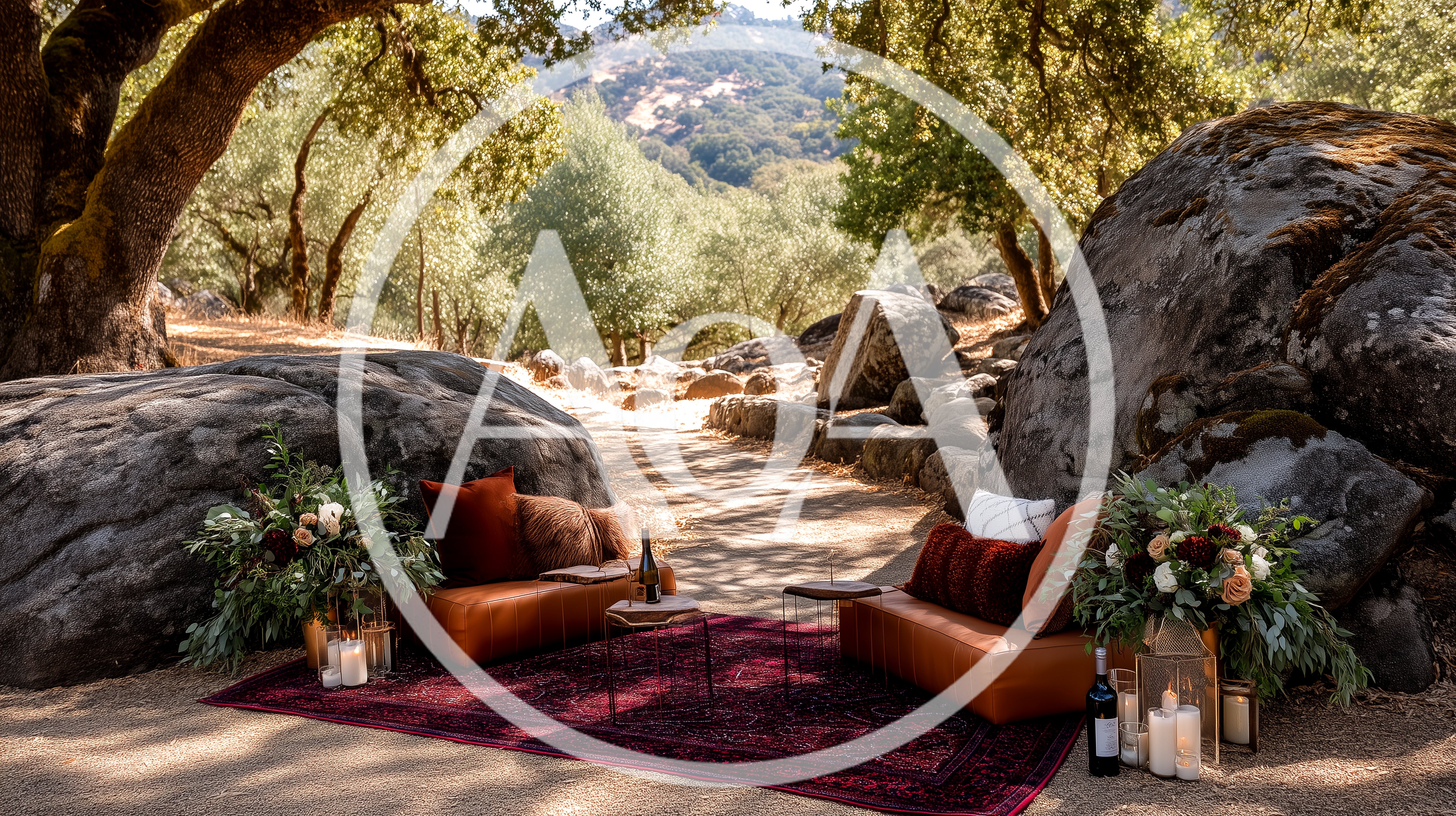 Bohemian Outdoor Lounge Setup With Leather Couches