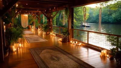 Bohemian Style Riverside Deck Decorated With Candles And Rugs