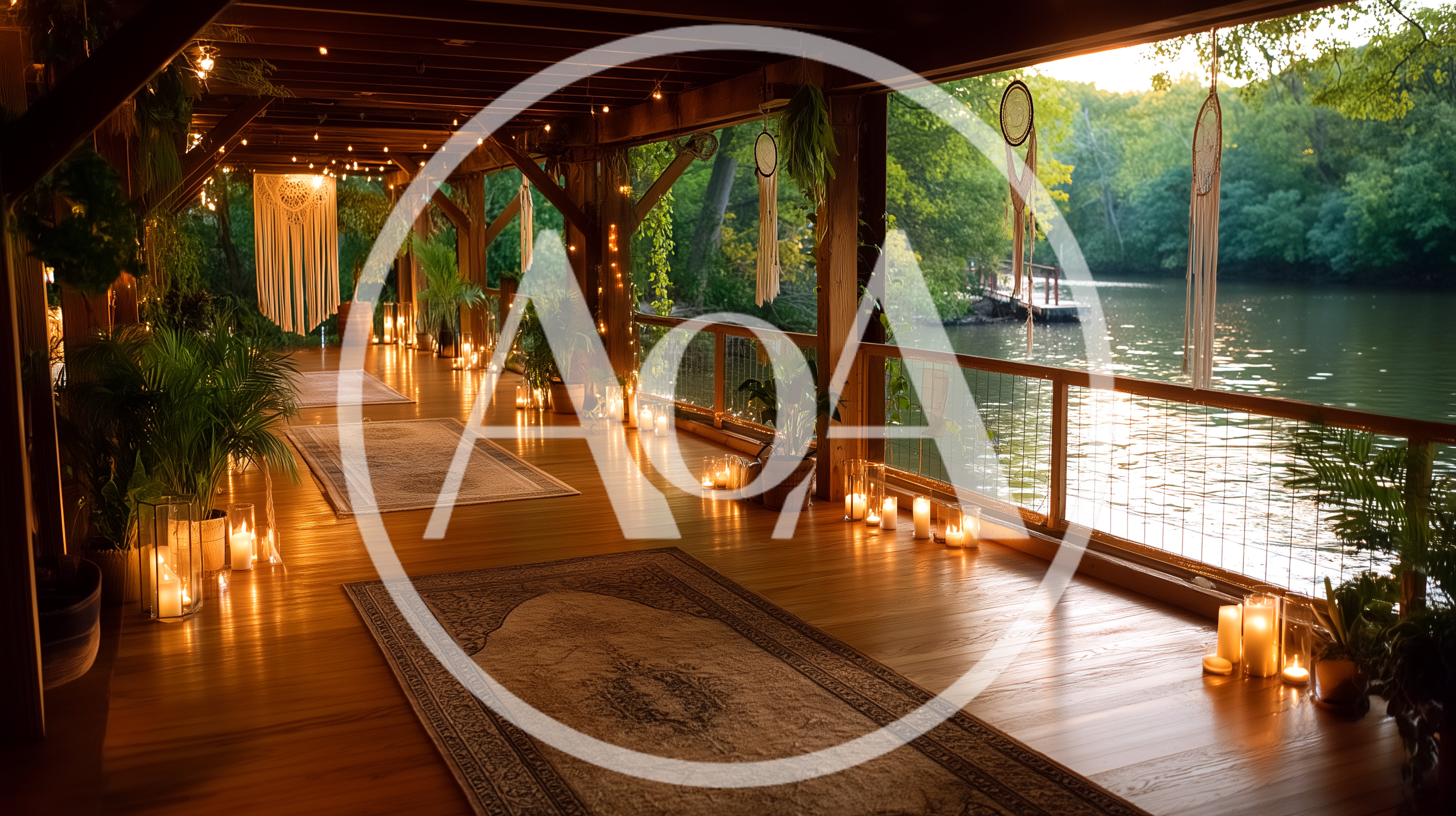 Bohemian Style Riverside Deck Decorated With Candles And Rugs