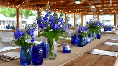Rustic Wedding Table Centerpieces With Blue Mason Jars