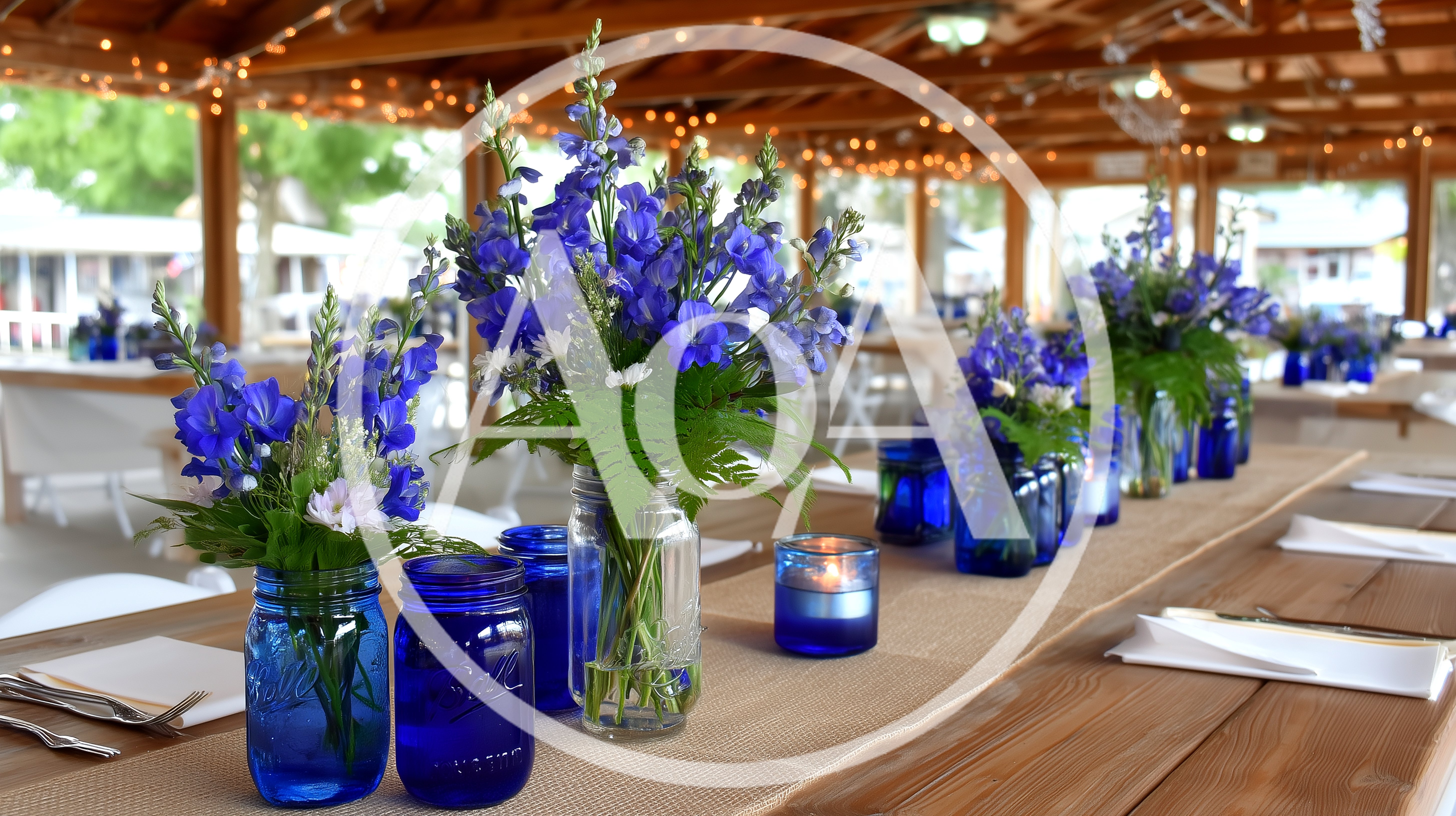 Rustic Wedding Table Centerpieces With Blue Mason Jars