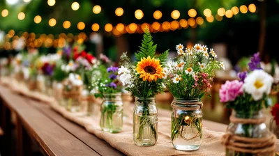 Rustic Mason Jar Flower Centerpieces On Wooden Table