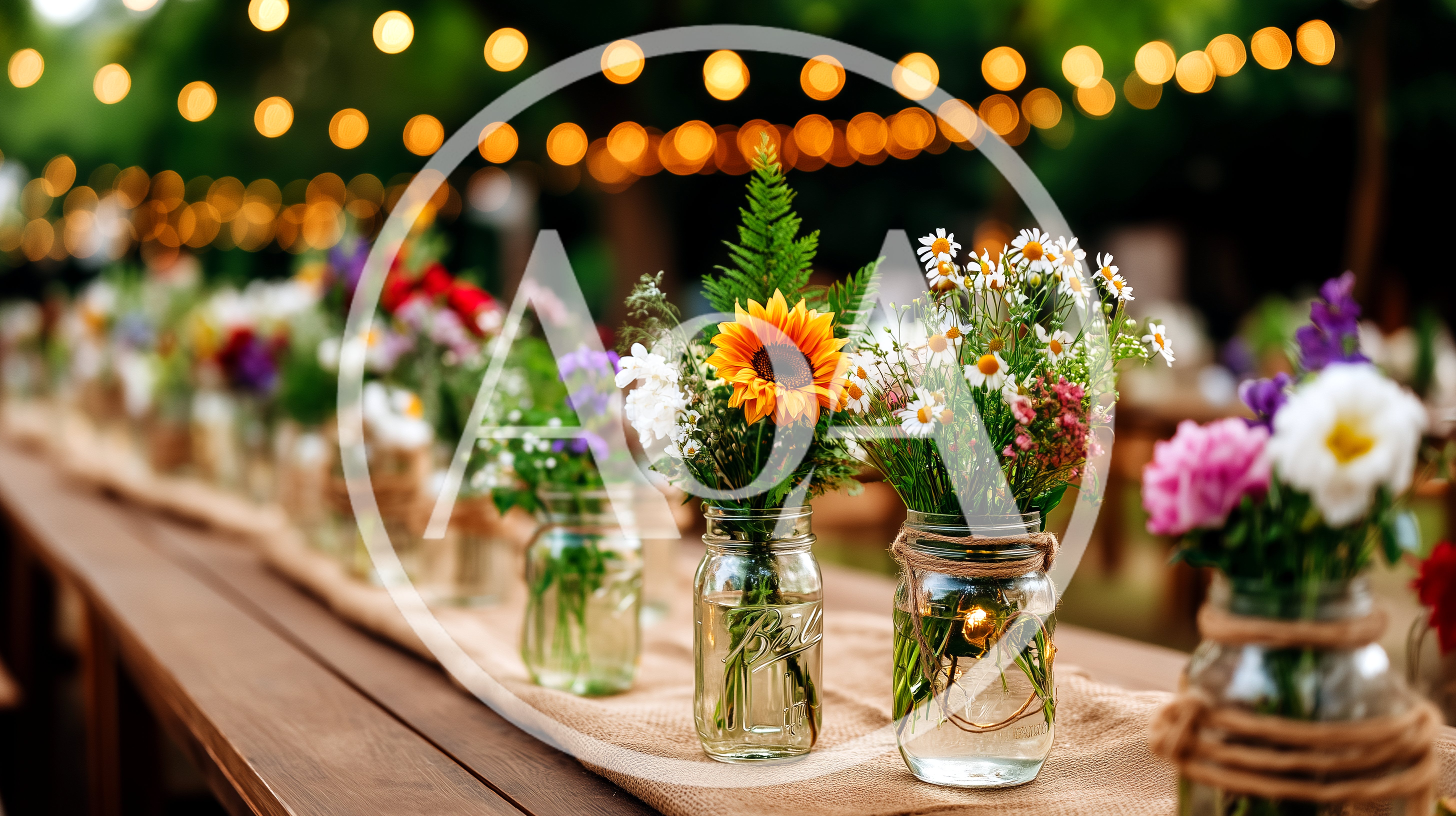 Rustic Mason Jar Flower Centerpieces On Wooden Table
