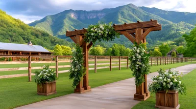 Outdoor Wedding Ceremony Archway In Mountain Landscape