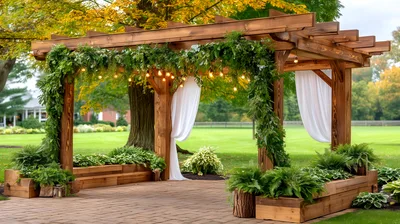 Wooden Pergola Wedding Ceremony Setup In A Garden