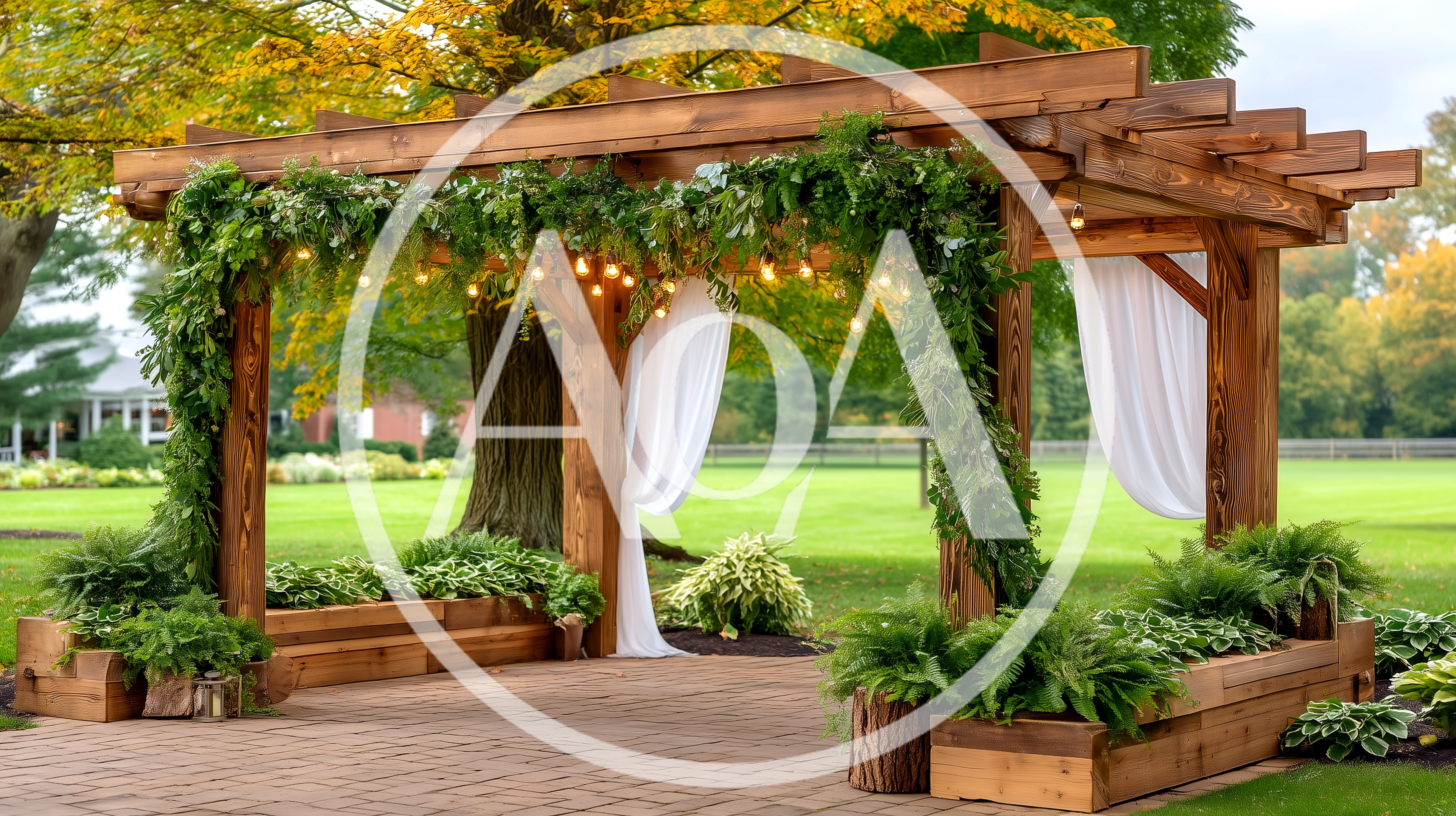 Wooden Pergola Wedding Ceremony Setup In A Garden