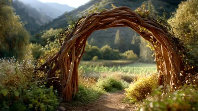 Rustic Woven Branch Archway In A Lush Meadow